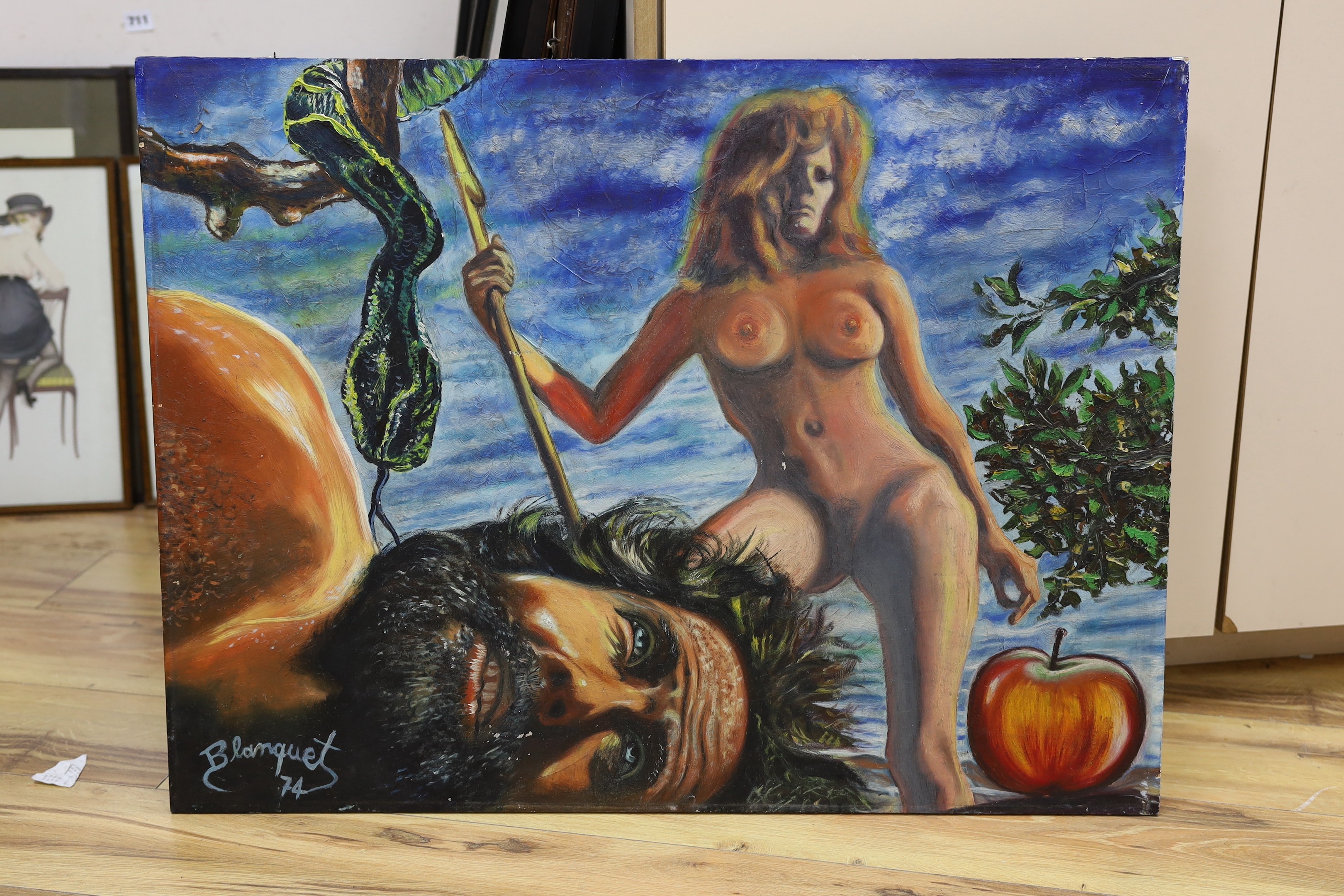 Blanquet, oil on panel, Adam and Eve, signed and dated '74, 60 x 80cm, unframed